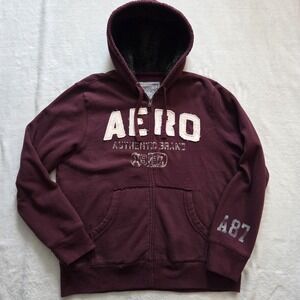 Vintage Aeropostale Hoodie XL Maroon Zip Up Logo Y2K Varsity Style Sweatshirt